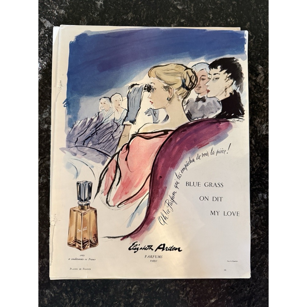 Vtg 1950s French Magazine Ad Elizabeth Arden Blue Grass Perfume + Baccarat 9x12